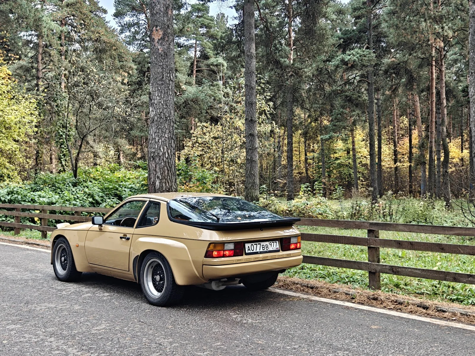 Porsche 924 песочного цвета на лесной дороге после восстановления